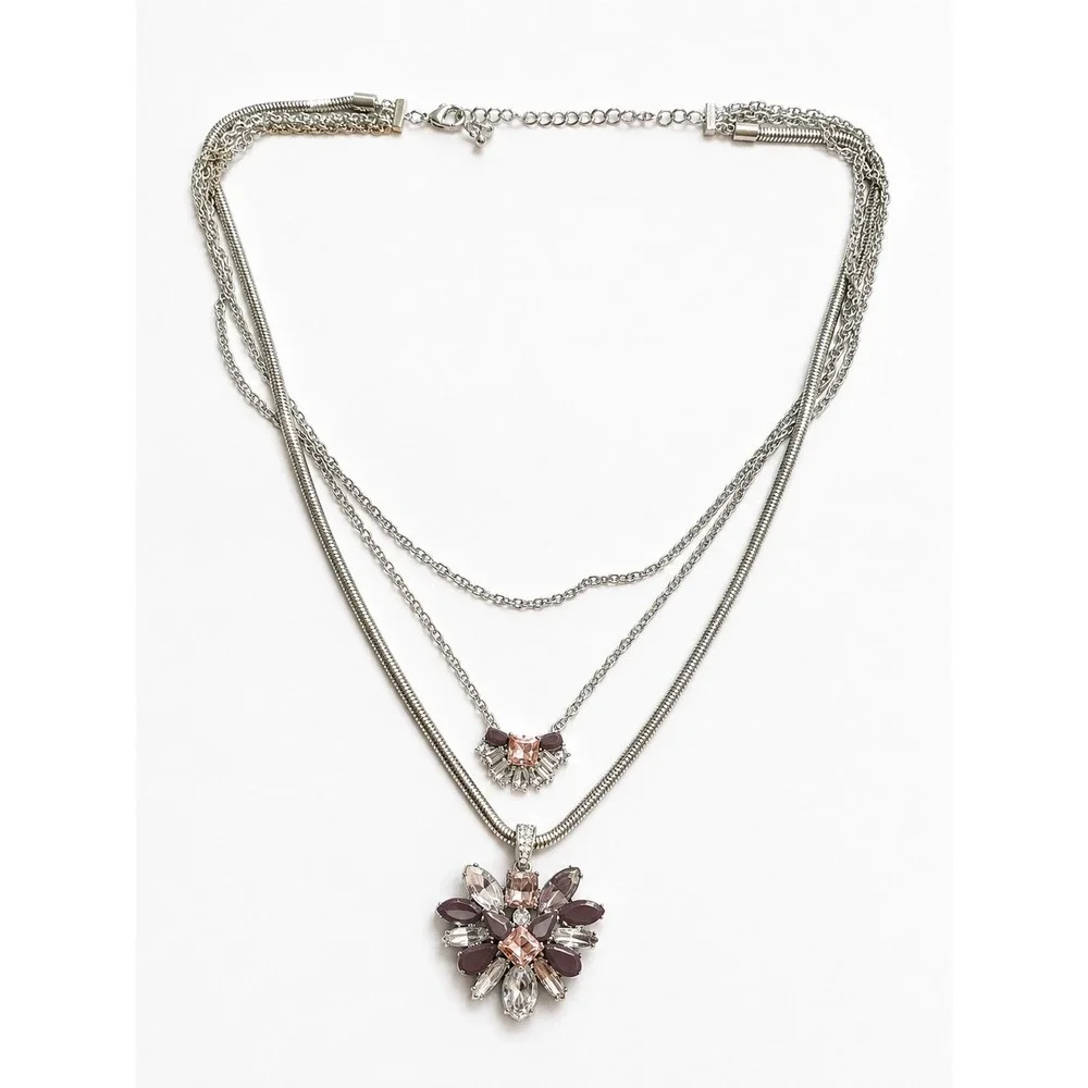 Vintage Silver Tone Triple Chain Rhinestone Floral Layered Statement Necklace